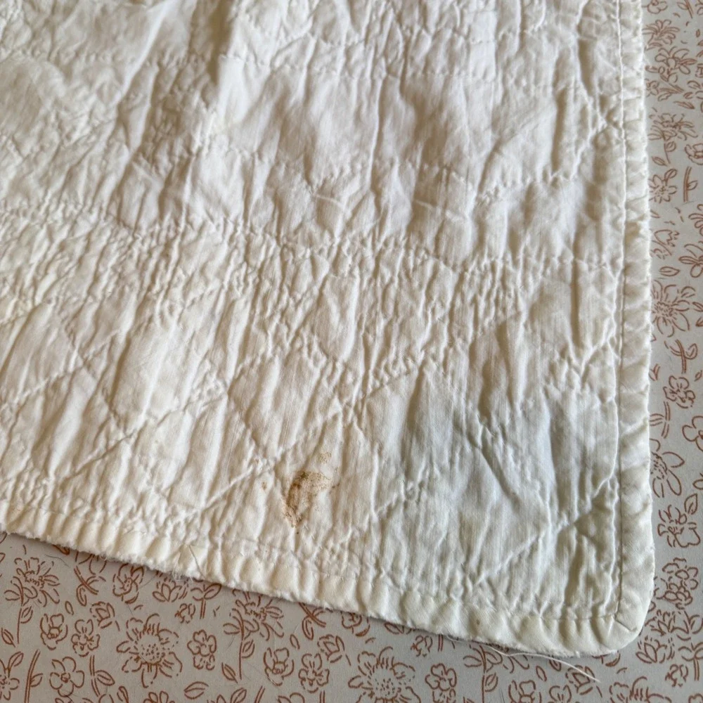 Vintage Hand Embroidered Baby Quilt White Cotton Kittens Birds Floral 54x36